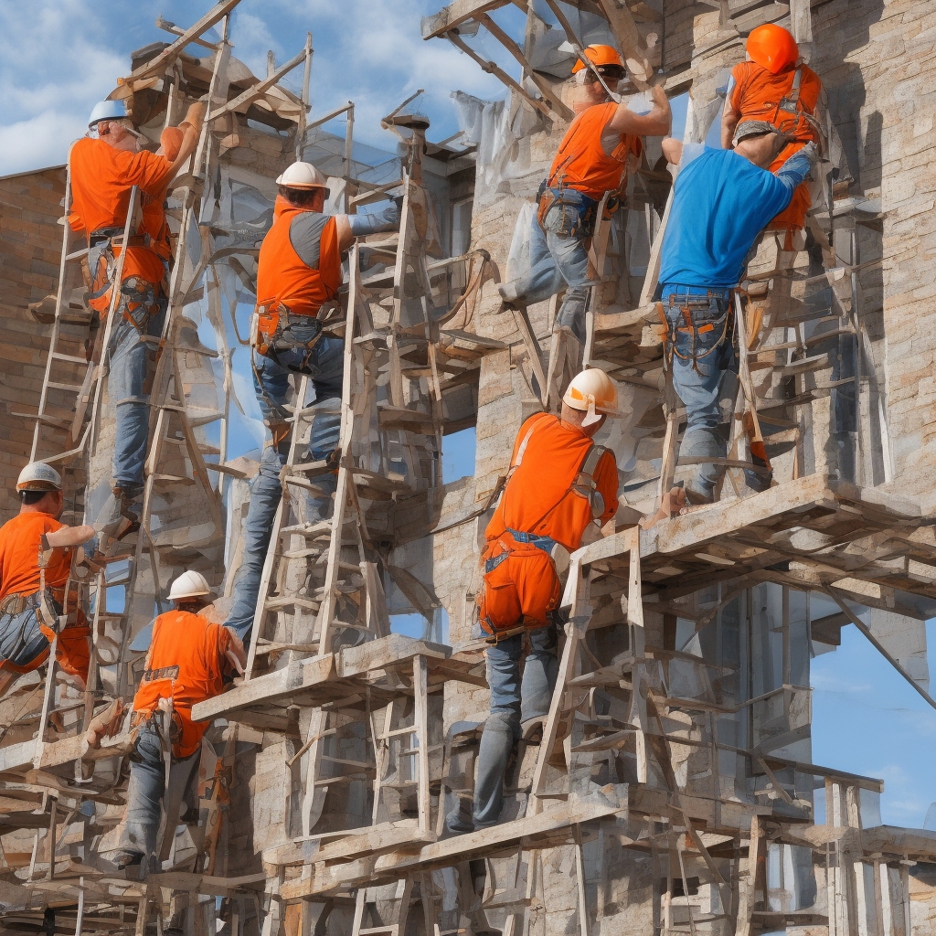 Two experienced roofers on scaffolding reviewing blueprints, professional teamwork with warm earthy tones