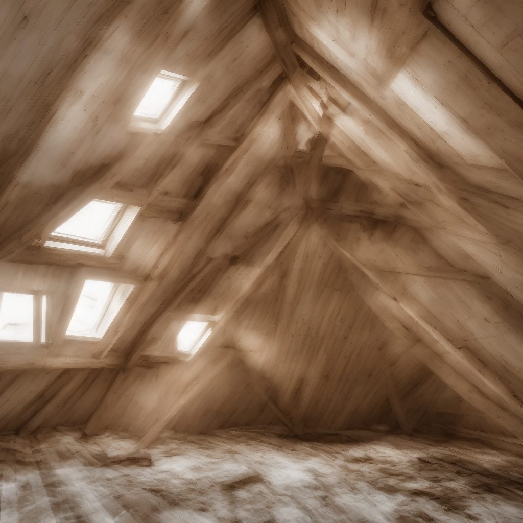 Attic ventilation inspection with natural light streaming through windows showing wooden beams and professional home maintenance space