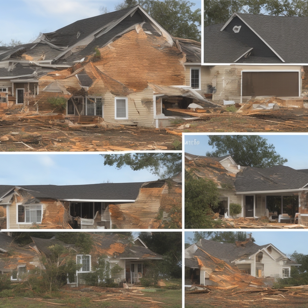 Before and after roof comparison with storm damage on left and restored shingles on right